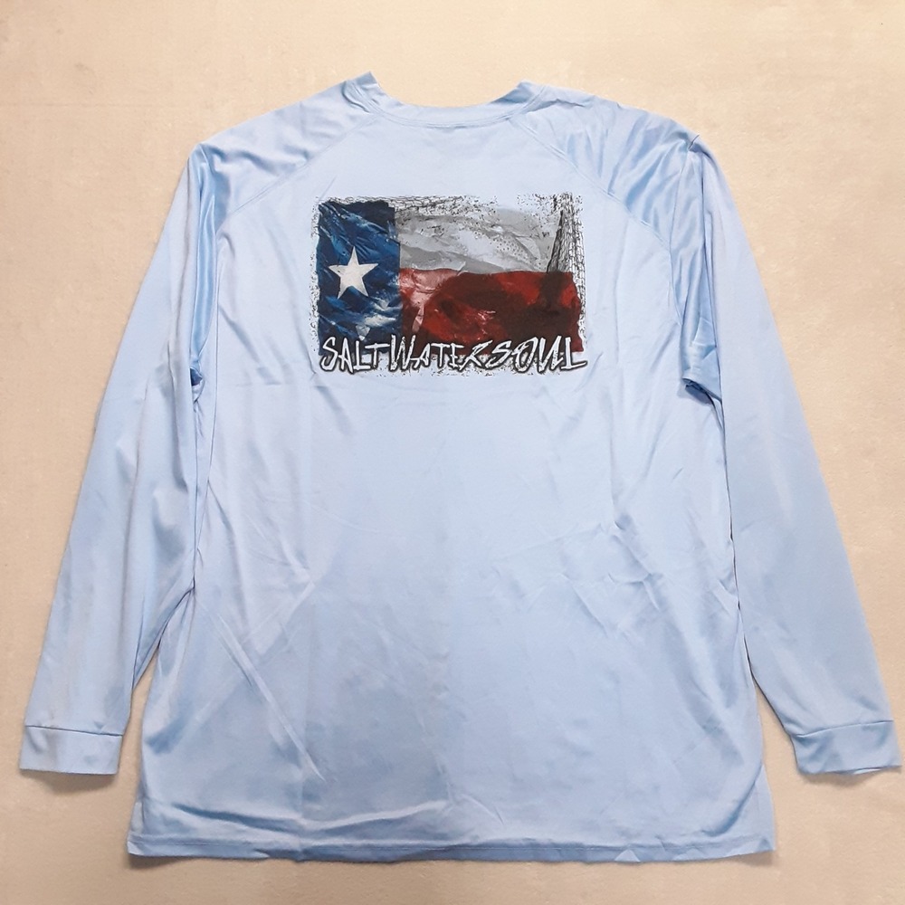 Salt Water Soul Mens LS Performance Shirt 2XL Light Blue Texas Flag Fishing